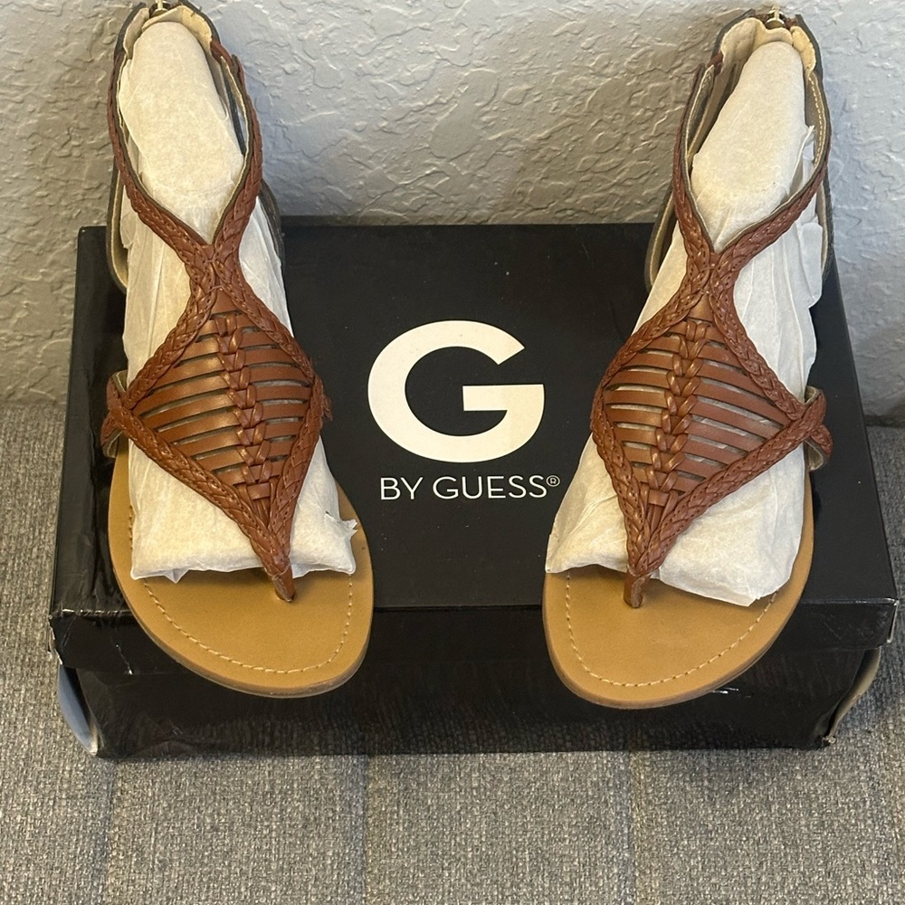 GUESS Brown Braided T-Strap Sandals
